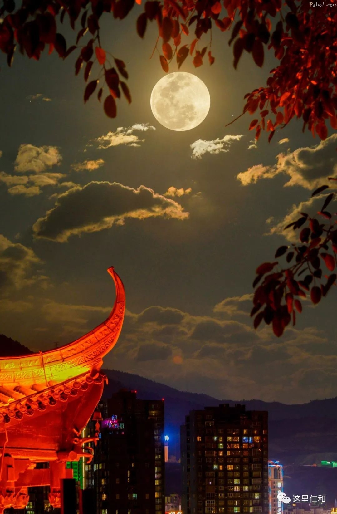 摄 灯光与圆月遥相呼应 古朴的宝灵寺配明月 李永忠丨摄 仁和的夜景真